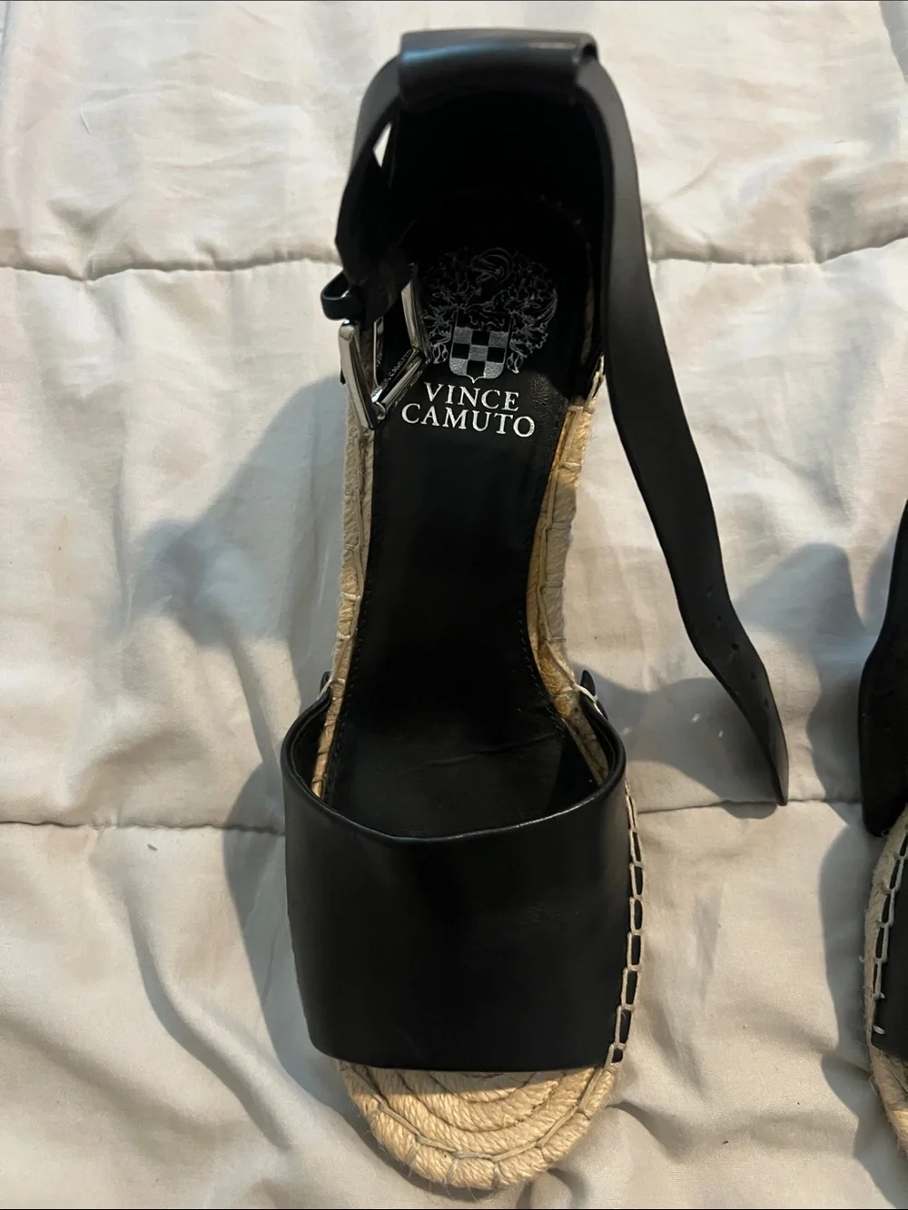 Vince Camuto Black Leather Espadrille Ankle-Strap Wedges